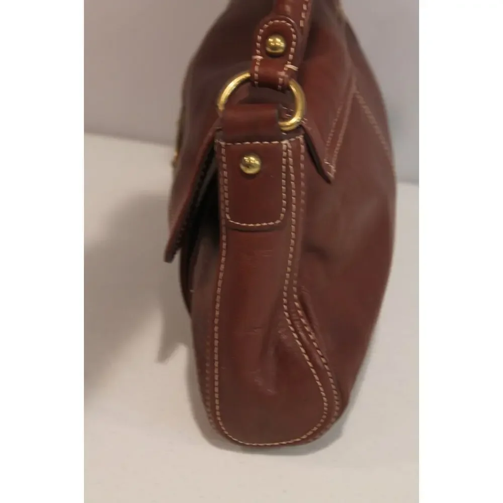 Talbots Leather Handbag Purse Brown White Thread Detailing Flap Closure